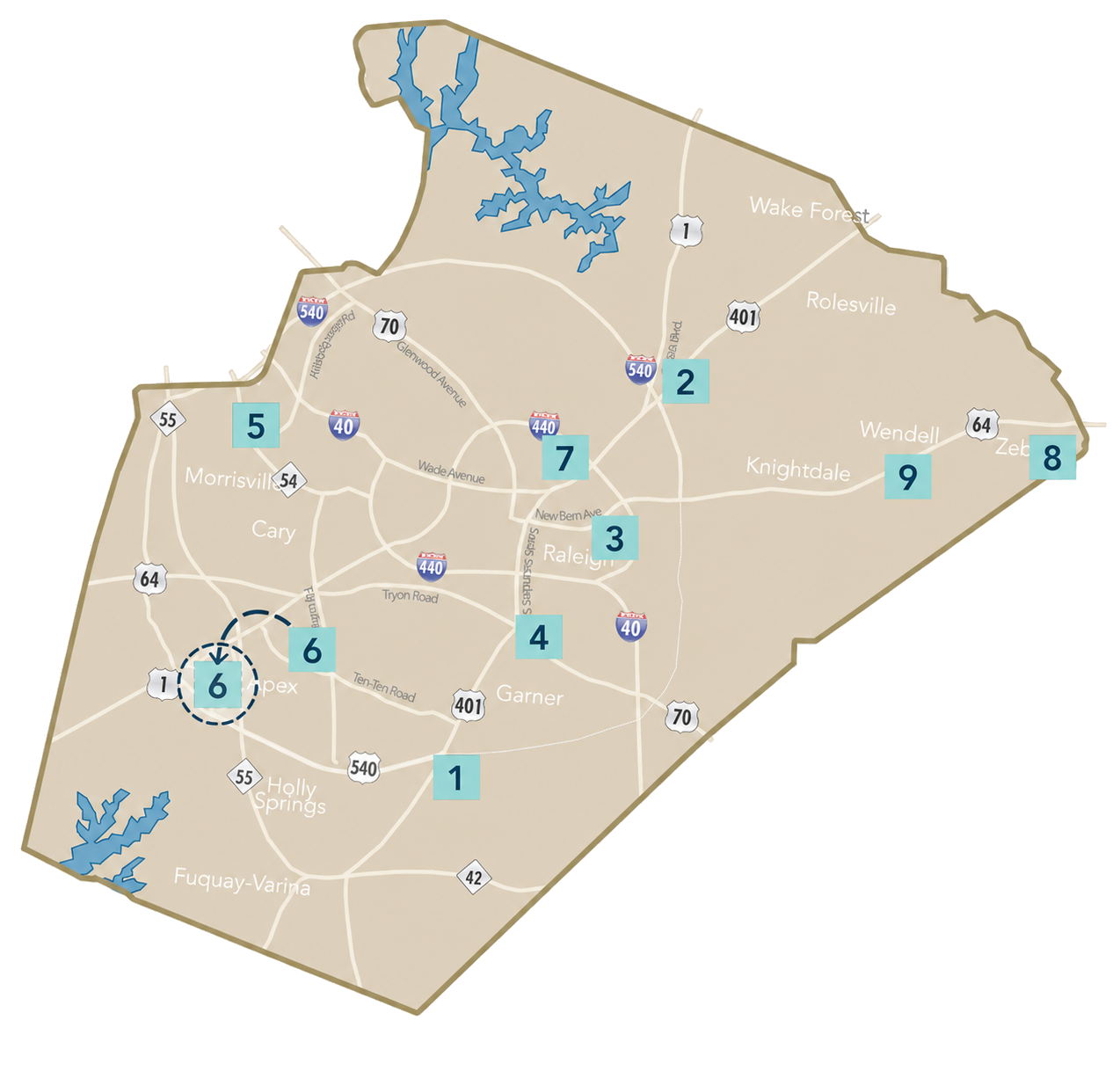 Detailed illustrated map of Wake County with major roads, communities and Wake Tech campuses